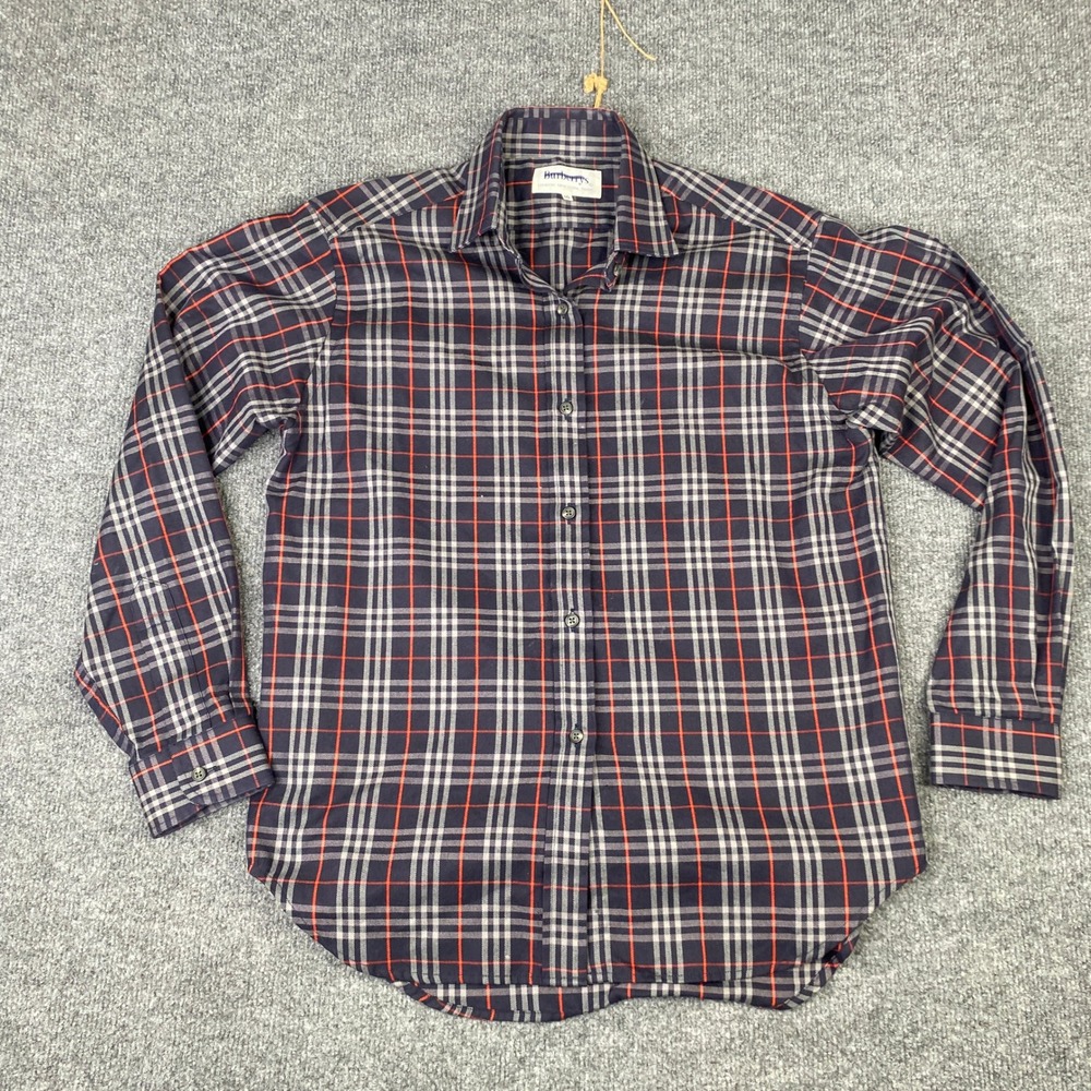 Vintage Burberrys Navy Plaid Cotton Button Down Shirt Made in England Size 10